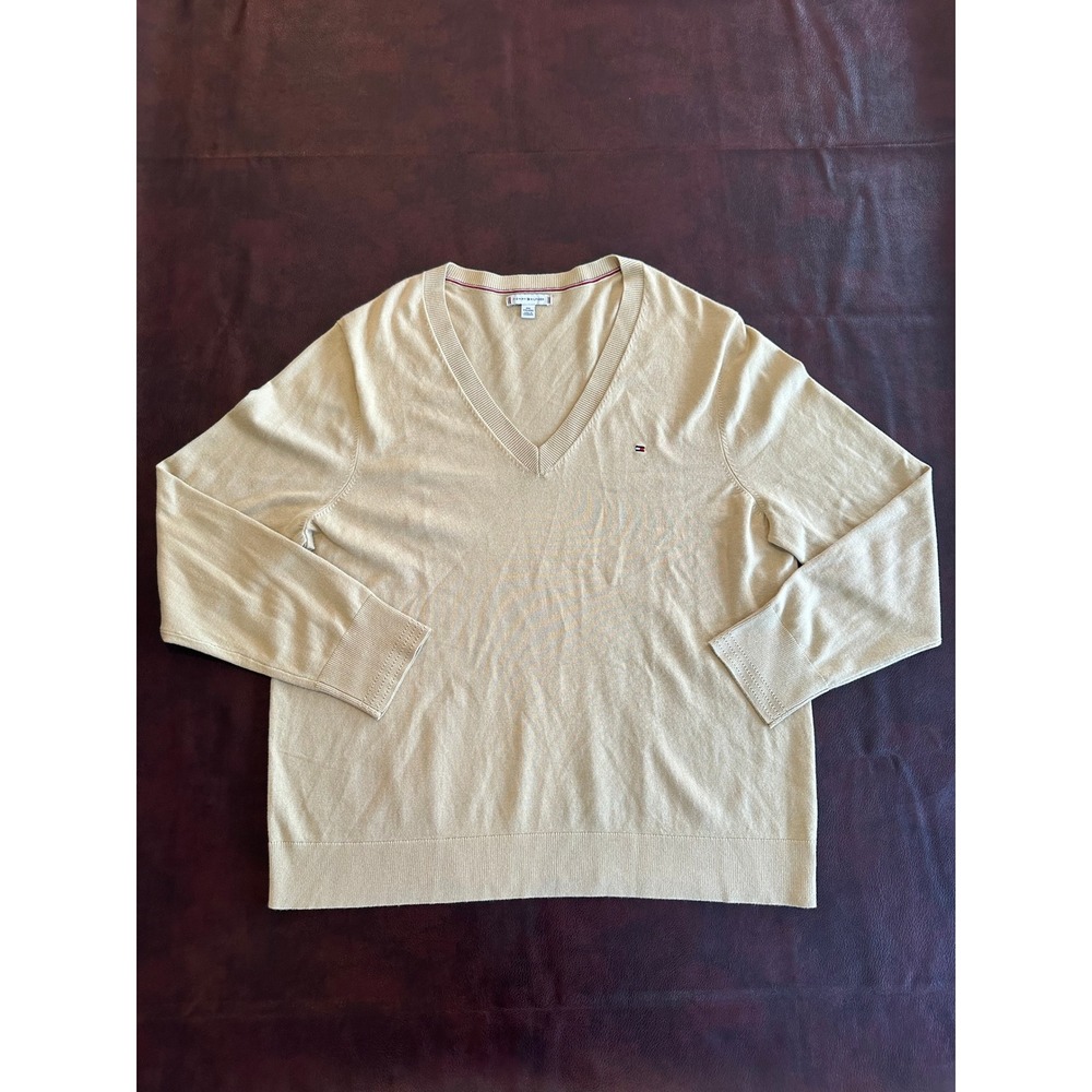 Tommy Hilfiger Mens XXL V-Neck Sweater Tan Beige Long Sleeve Knit Flag Logo